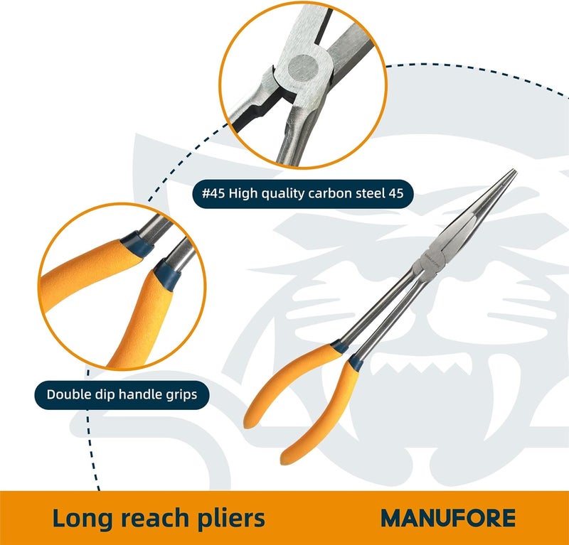 MANUFORE 5-Piece 11-Inch Long Nose Pliers Set- Straight, 45° and 90° Bent, Circle Nose and Diagonal Pliers-Premium Carbon Steel & CR-V, Long Reach for Electronics, Automotive and DIY - Image 2